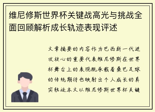 维尼修斯世界杯关键战高光与挑战全面回顾解析成长轨迹表现评述